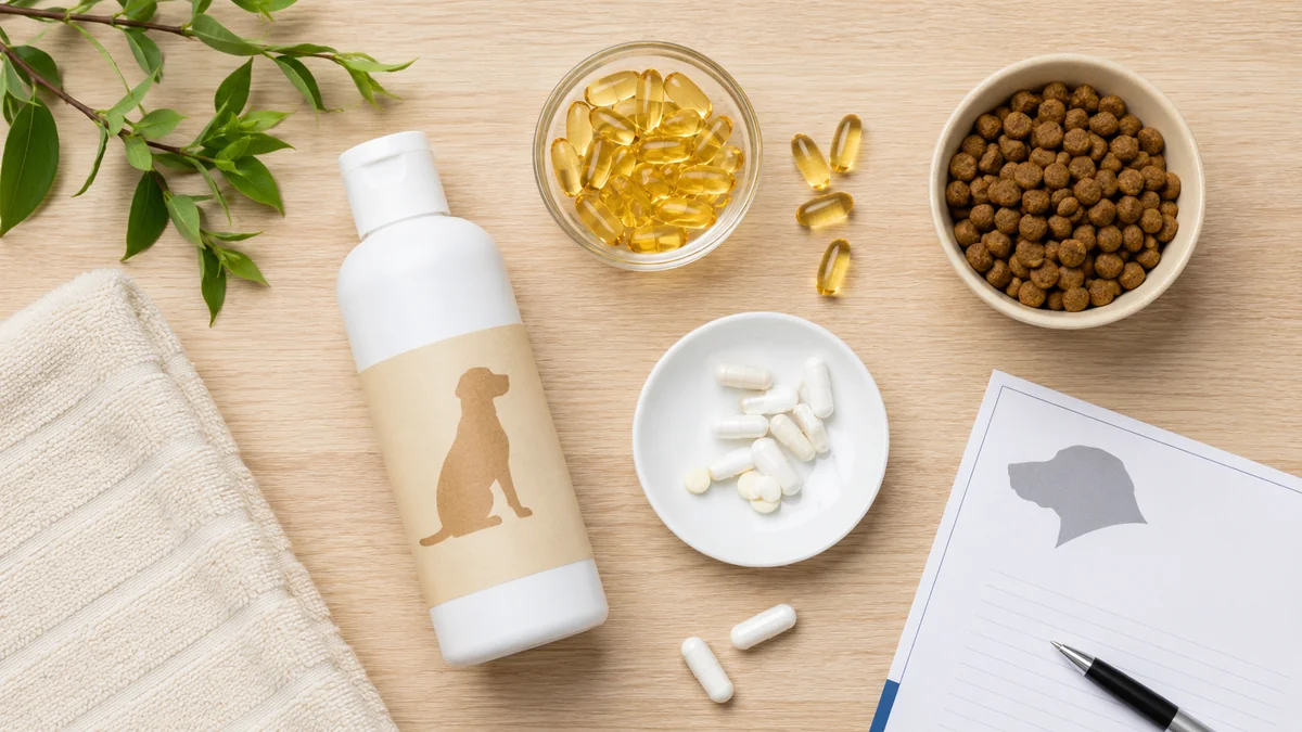 Domácí péče o alergického psa — šampon, omega-3 kapsle, hypoalergenní granule, tablety