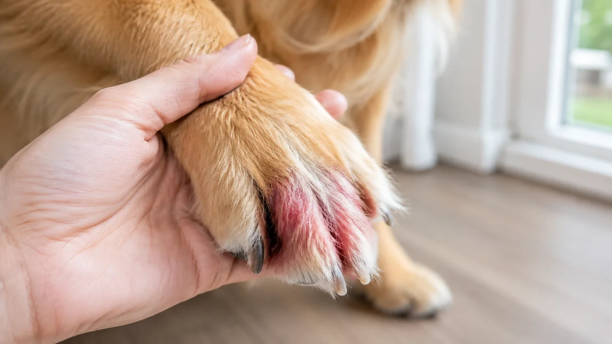 Zarudlá tlapka psa s podrážděnou kůží mezi prsty — typický příznak atopické dermatitidy