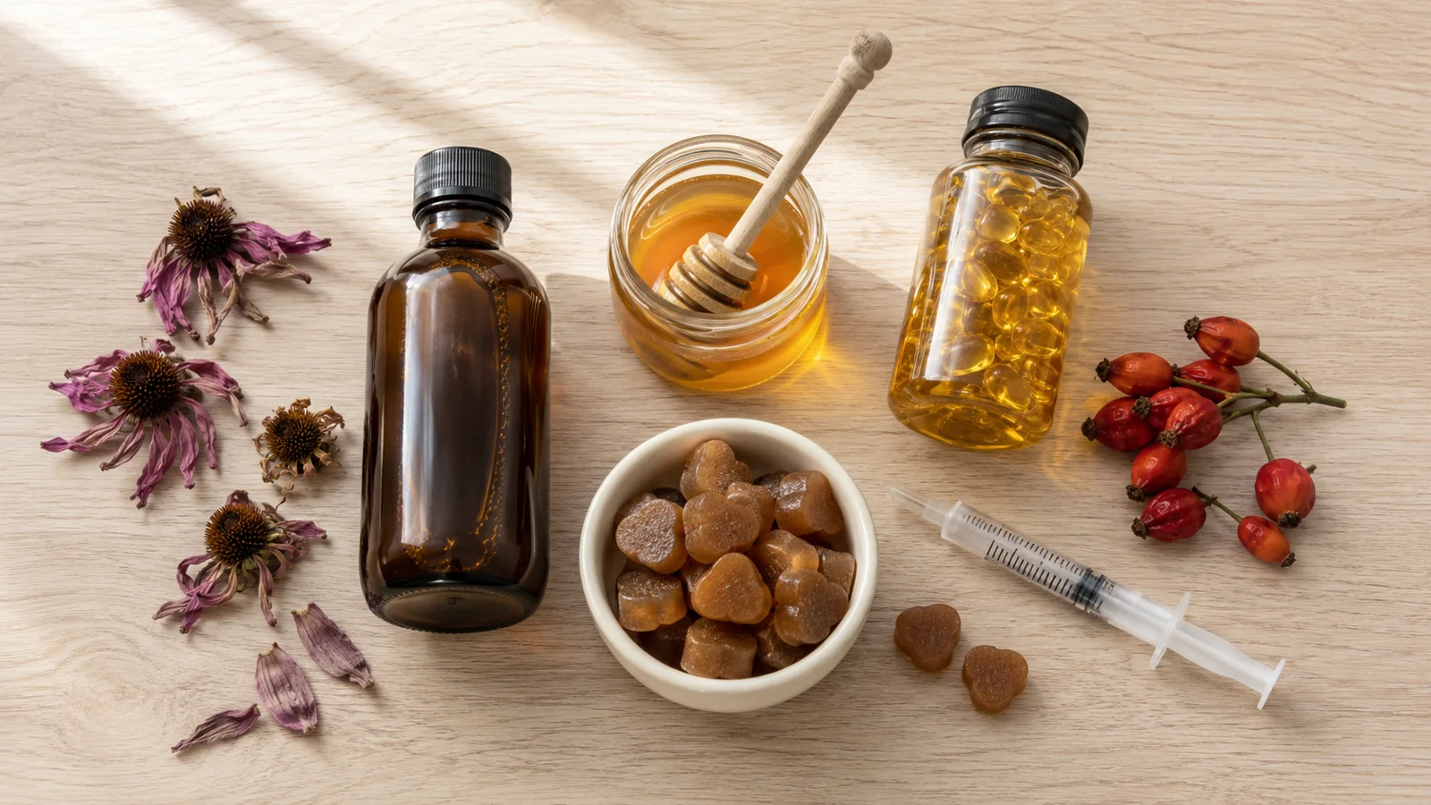 Doplňky stravy a sirupy pro psa při rýmě a kašli — Topvet Sirup imunita, multivitamín v želé, lososový olej, propolis a probiotika na dřevěném stole