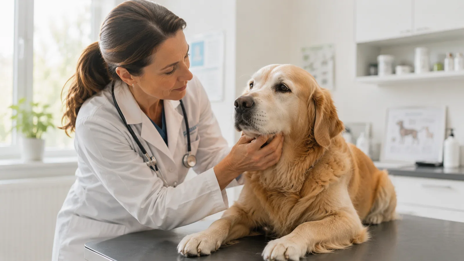 Veterinář vyšetřuje staršího psa zlatého retrívra při preventivní prohlídce v ordinaci