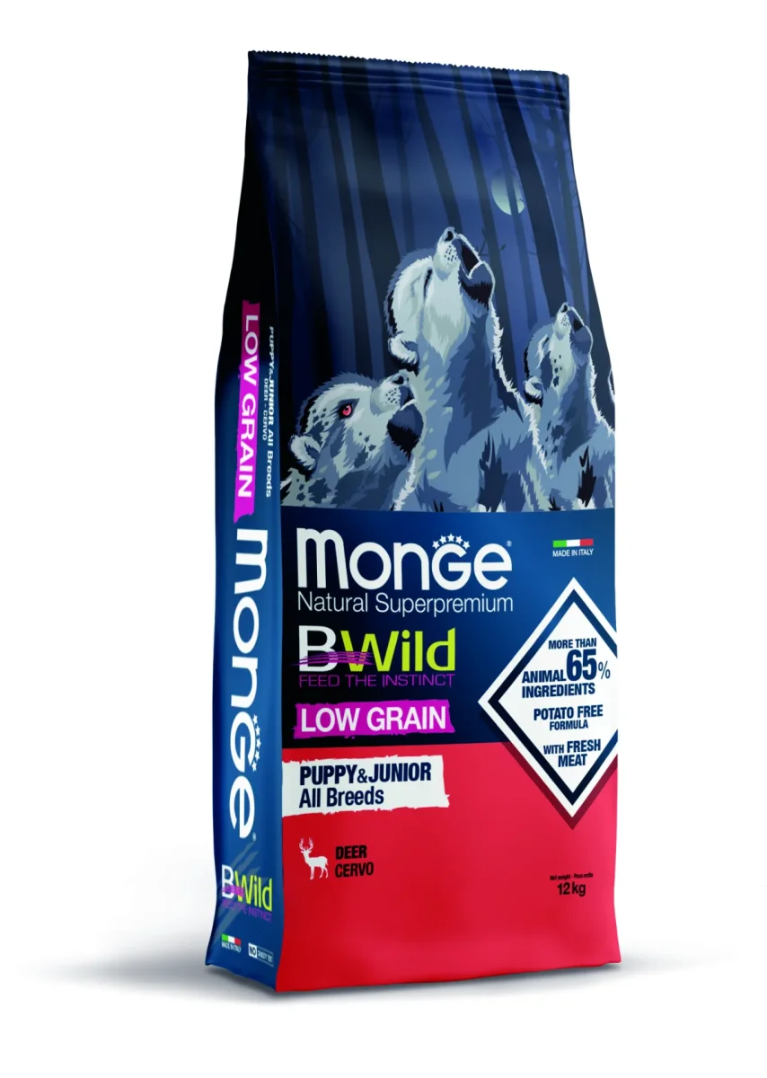 MONGE BWILD Dog - Srnčí, Puppy & junior 15kg chvatelské balení